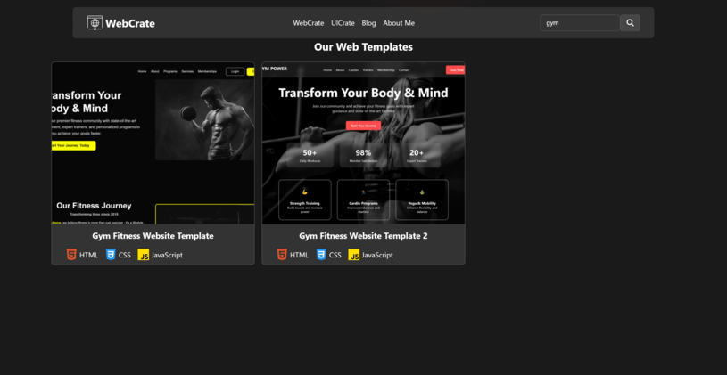 WebCrate homepage showing web templates
